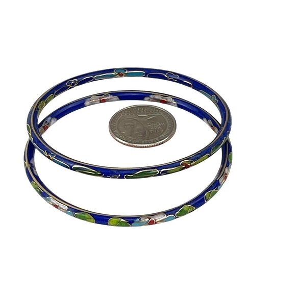 Vintage Cloisonné Enamel Bangles Set Of 2 Blue Floral Design Womens Jewelry - Picture 6 of 8